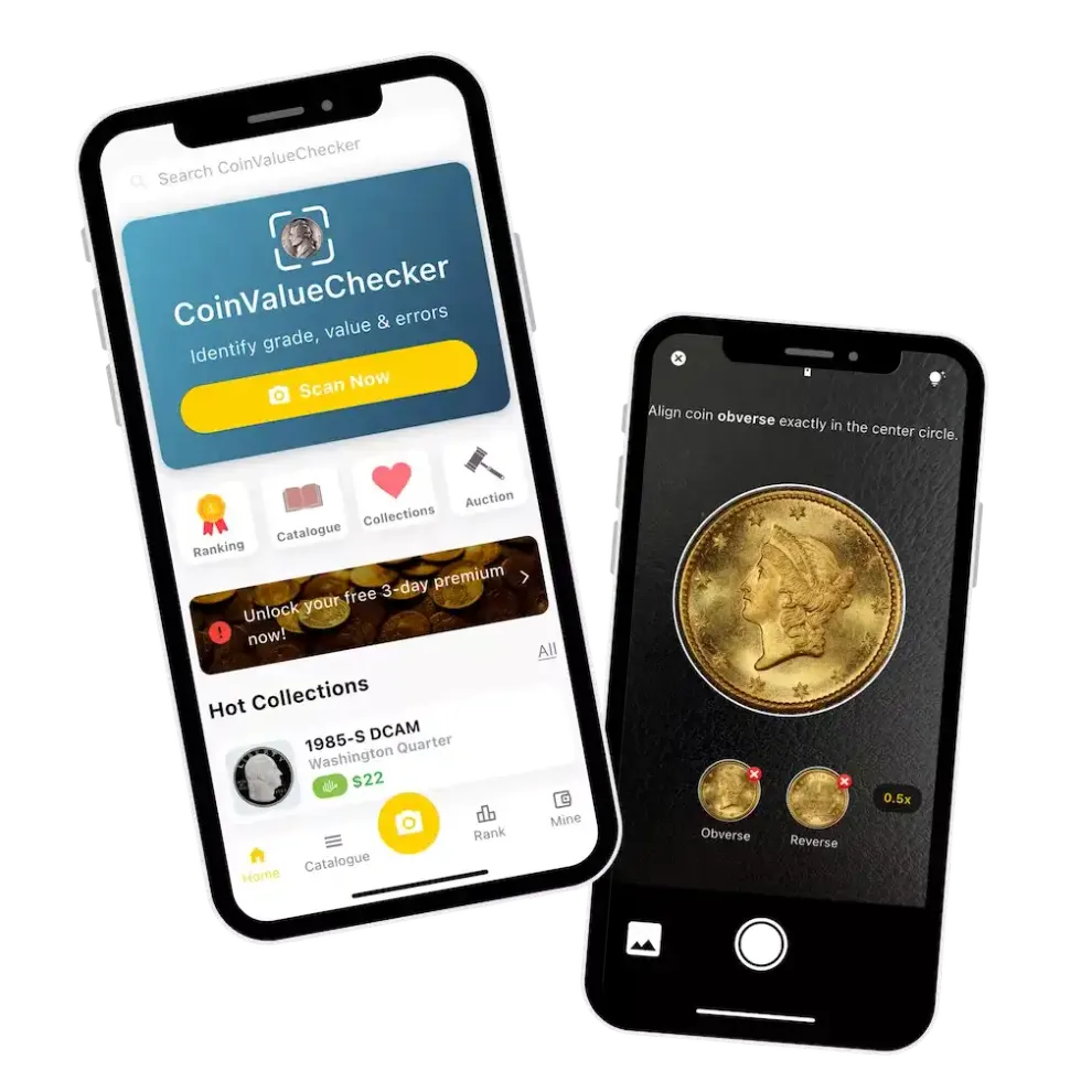 two smartphones with CoinValueChecker on the screen