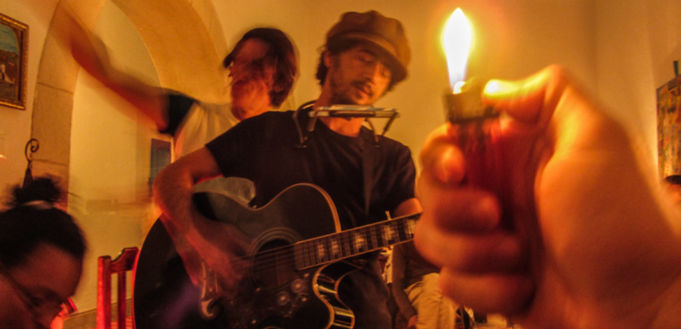 acoustic guitar, party, lighter, singing, harmonica, house party