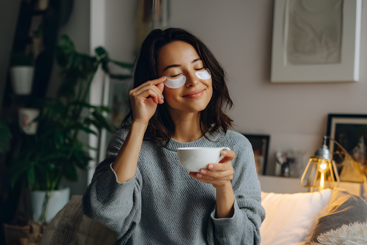 Woman relaxing with eye patches and a cup, sitting in a cozy room.
