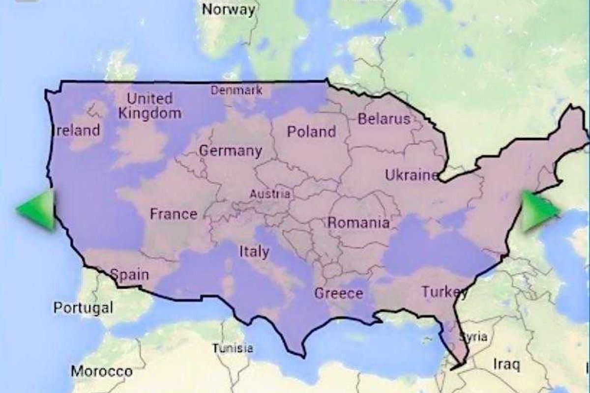 size of america vs europe, america compared to europe, size of united states, size of europe, size difference america vs europe
