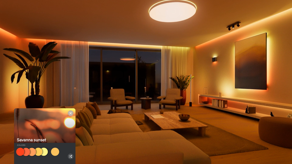 photo of a living room with Savanna Sunset color for Hue SpatialAware lighting