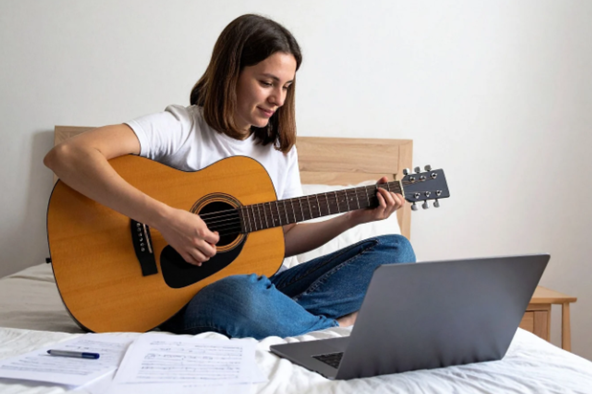 guitar, learning, young woman, laptop, acoustic guitar, strumming