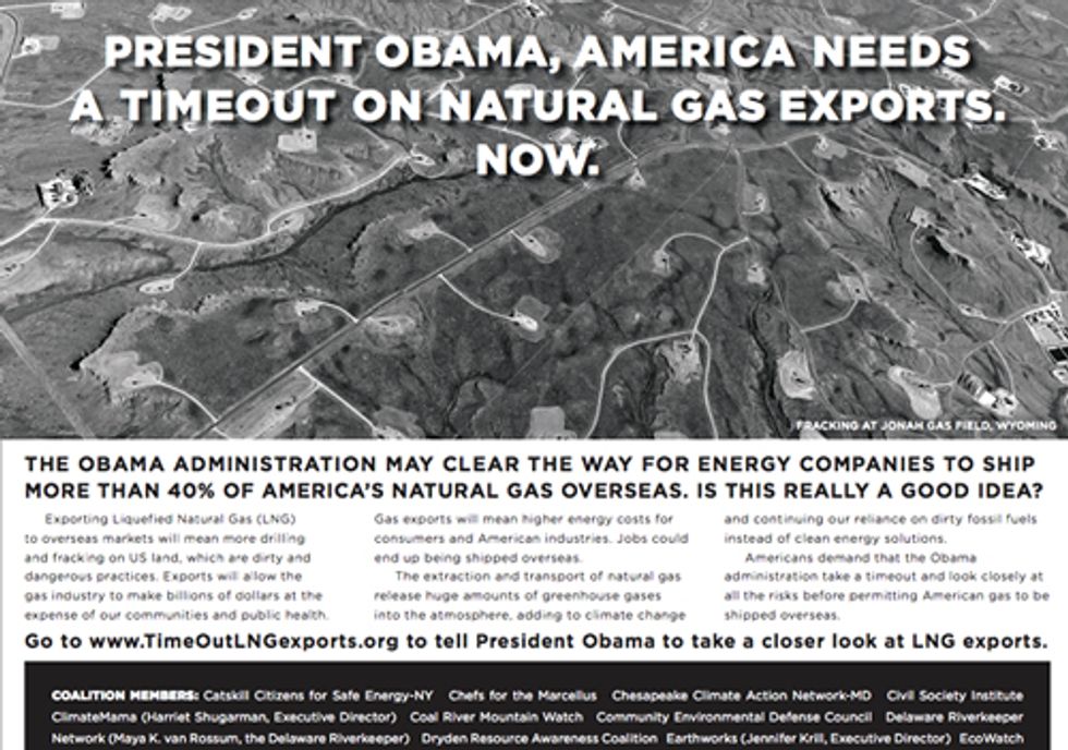 Ad in The New York Times Calls for a 'Time Out' on LNG Exports