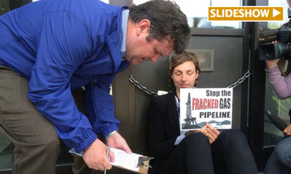 Activist Blockades Entrance to Vermont Gas Protesting Fracked Gas Pipeline