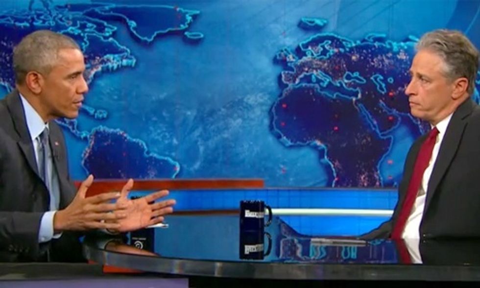 President Obama: 'I'm Issuing a New Executive Order That Jon Stewart Cannot Leave the Show'