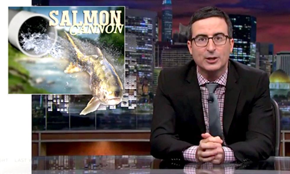 Watch John Oliver's 'Salmon Cannon' Hit Stewart, Colbert, Fallon and More