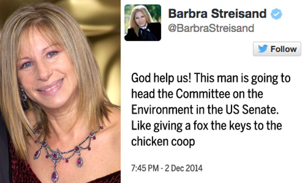Barbra Streisand: 'God Help Us!' Sen. Inhofe to Head Committee on Environment