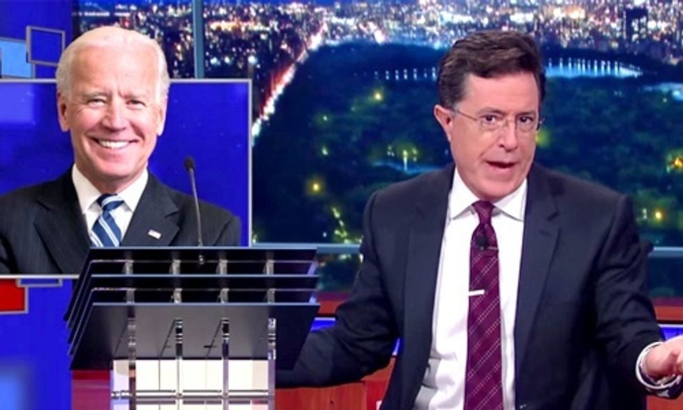 Stephen Colbert Rips CNN for 'Extra Podium' for Biden at Democratic Debate