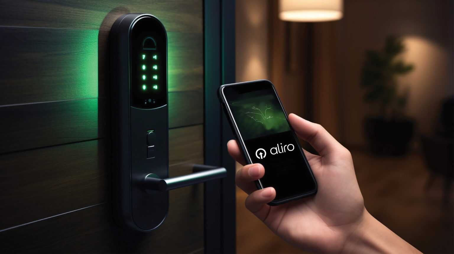 photo of a smart lock and smartphone with aliro logo showing on the screen