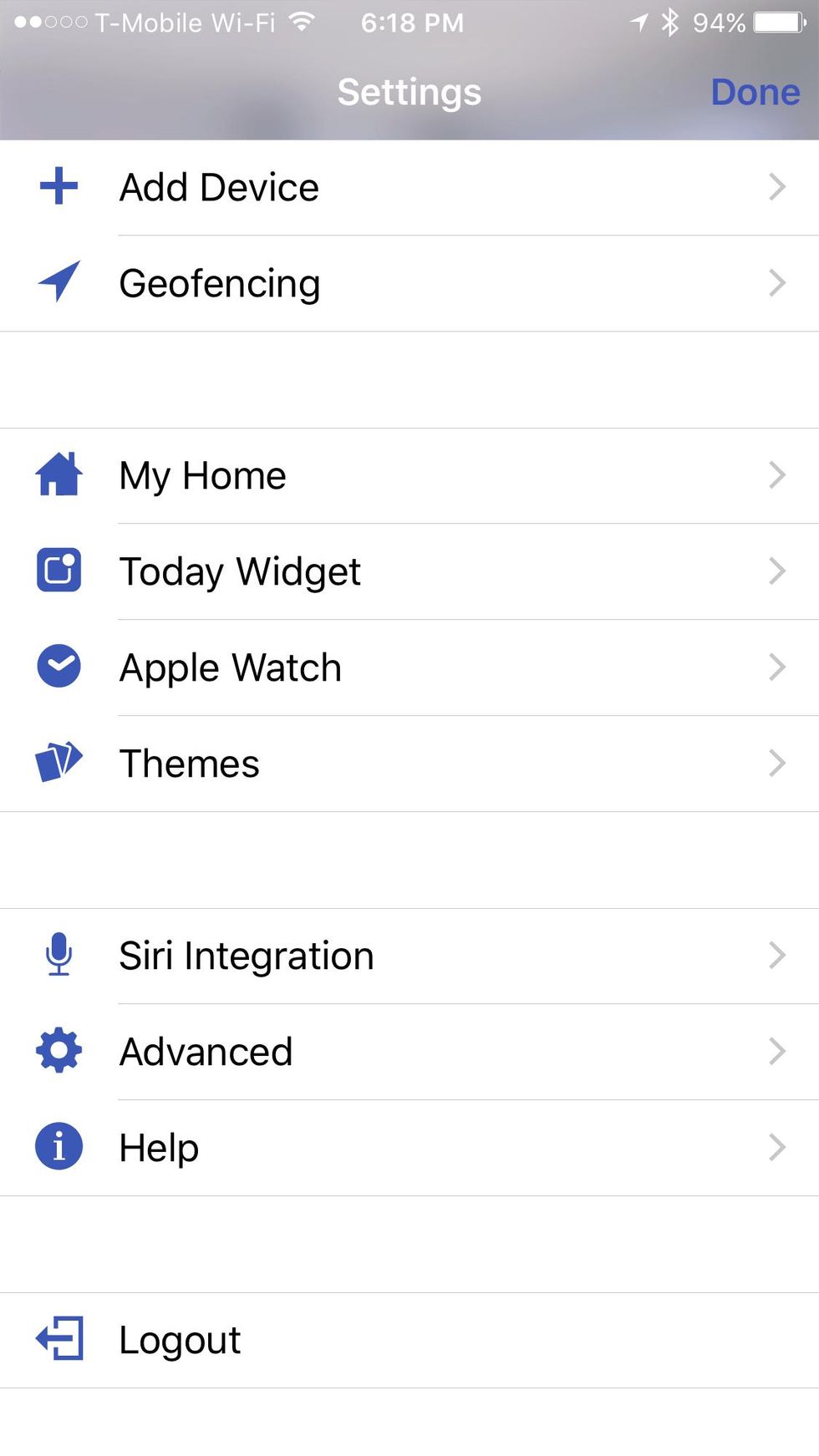 Photo of Lutron mobile app settings screen
