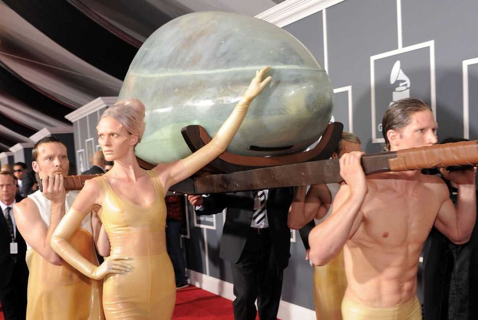 Lady Gaga Arrives at Grammys In Giant Eggshell