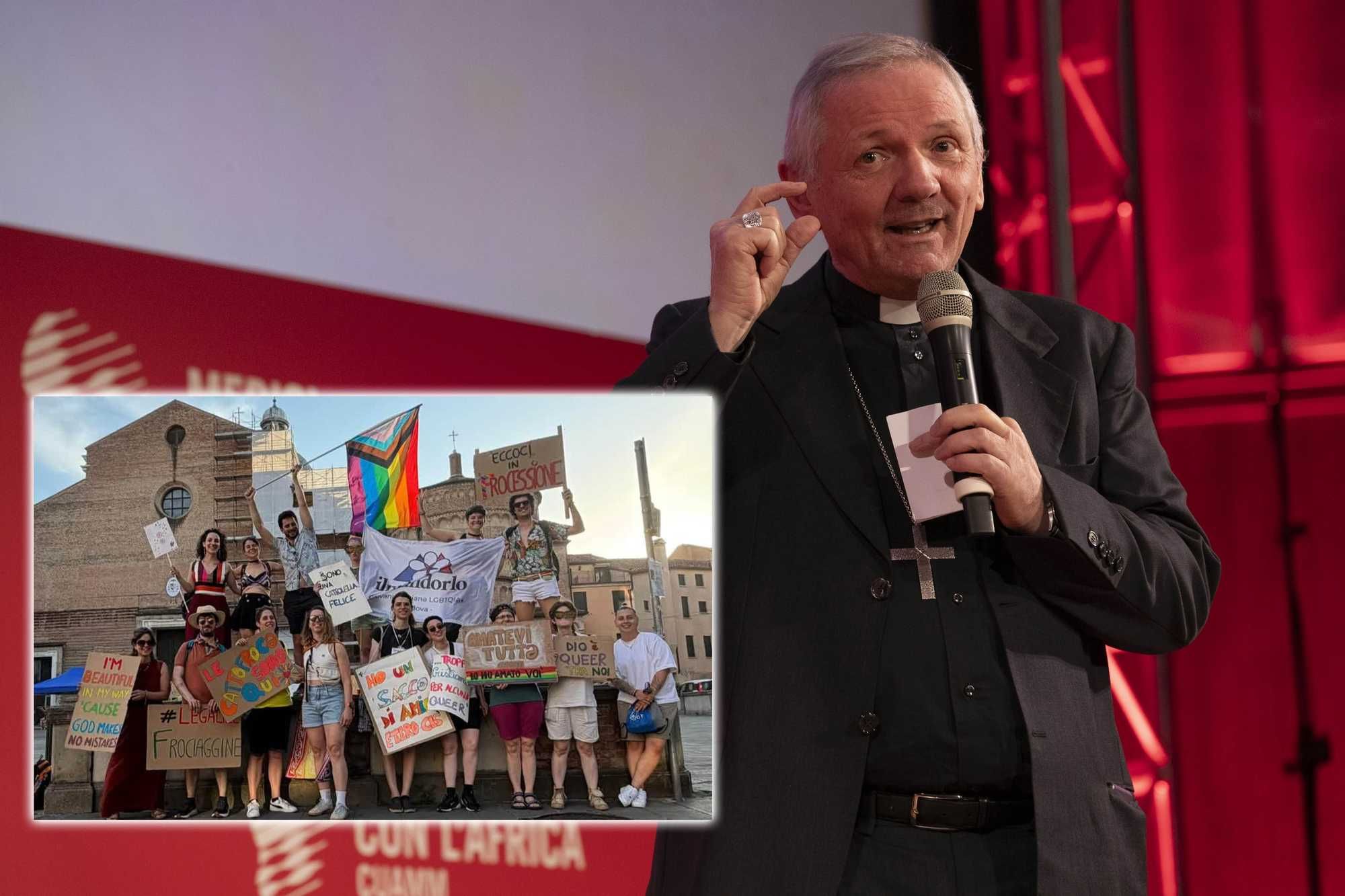 Il vescovo che coccola i «cattofroci» umiliato dal cartello «Dio è queer»