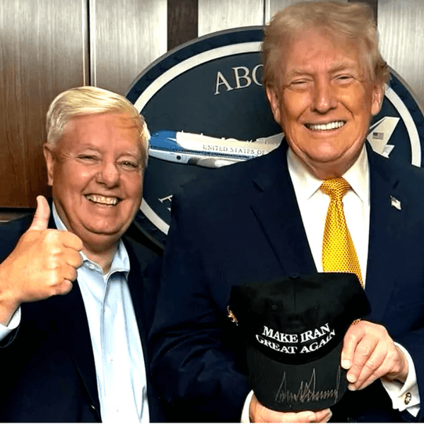 Lindsey Graham and Donald Trump with make iran great again cap