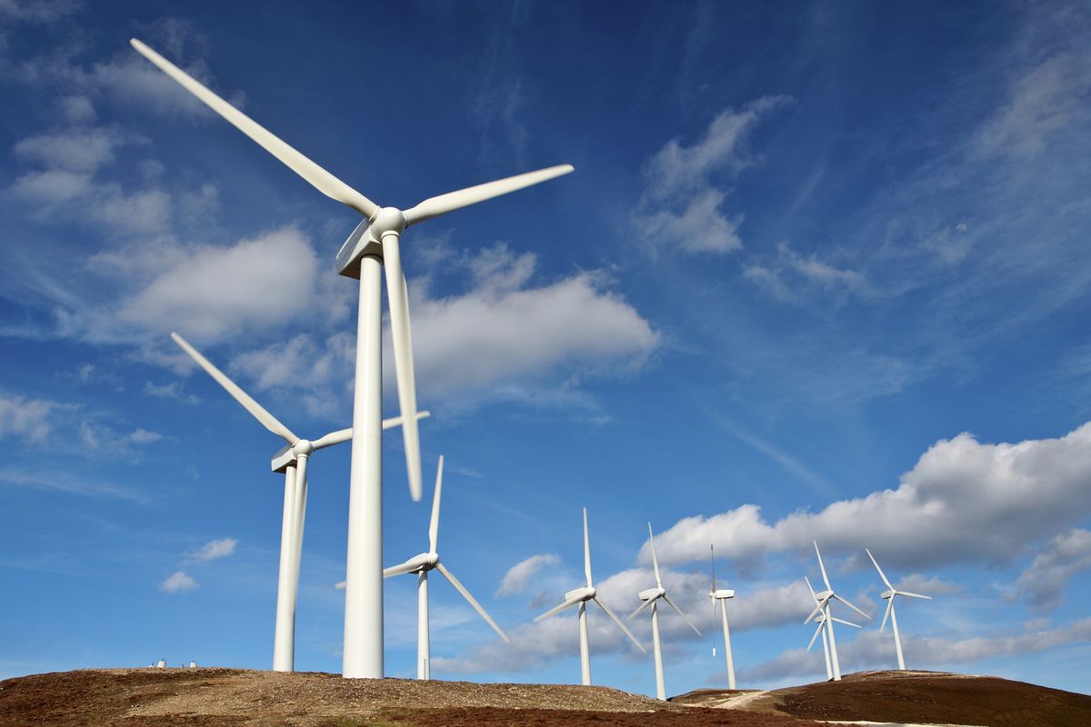 a photo of wind turbines in a field generating energy