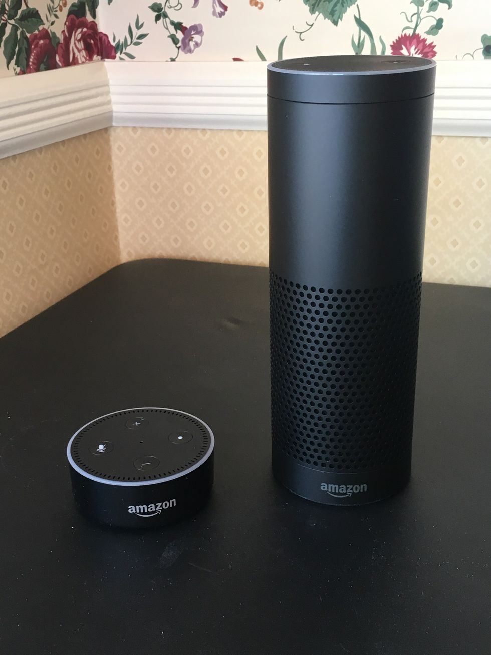 A photo of amazon echo and echo dot 1st gens next to each other on a table