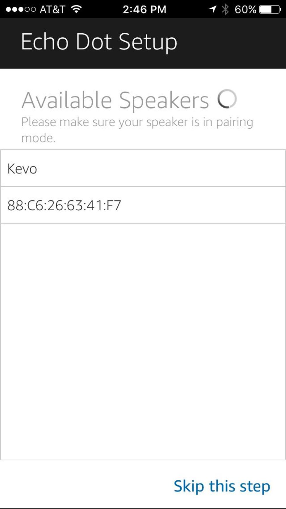 screenshot of echo setup screen in alexa app