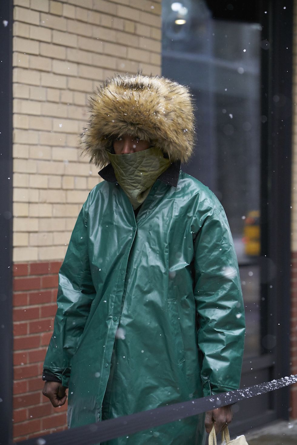 Don't let the fantastic furry hat steal focus from the true star of this outfit: the quilted makeshift balaclava 