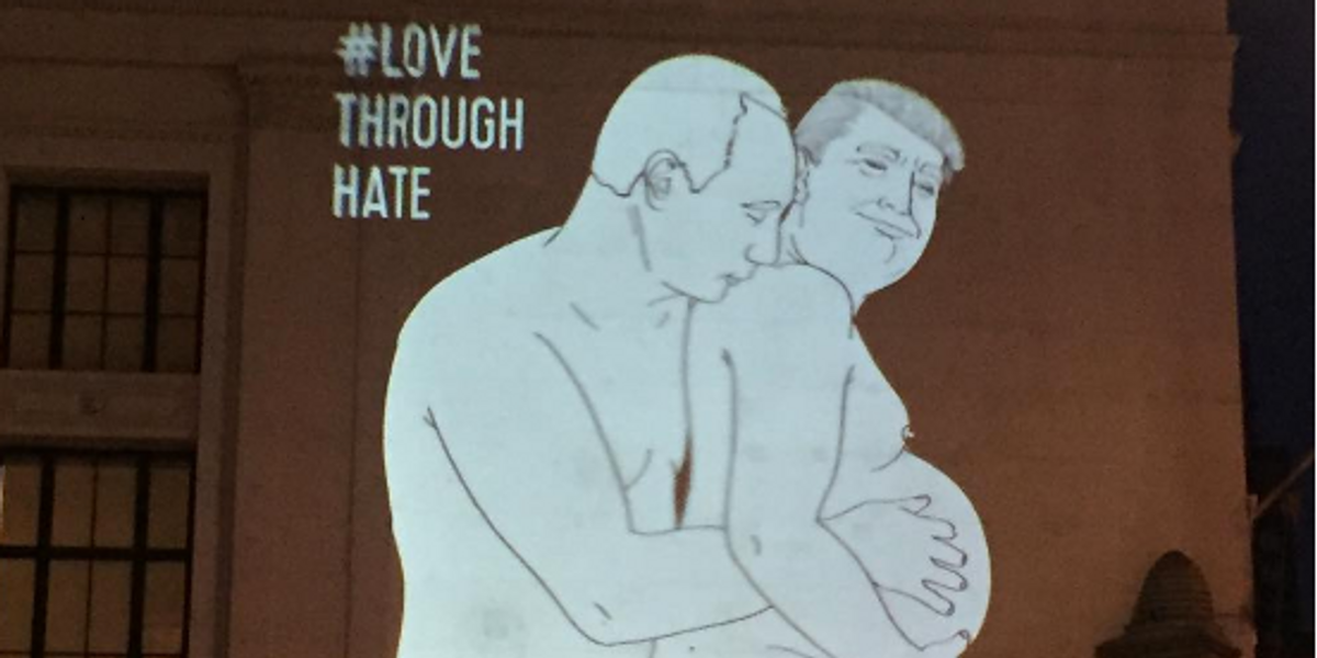 Someone Projected an Image of Putin Caressing Trump in Manhattan Last Night