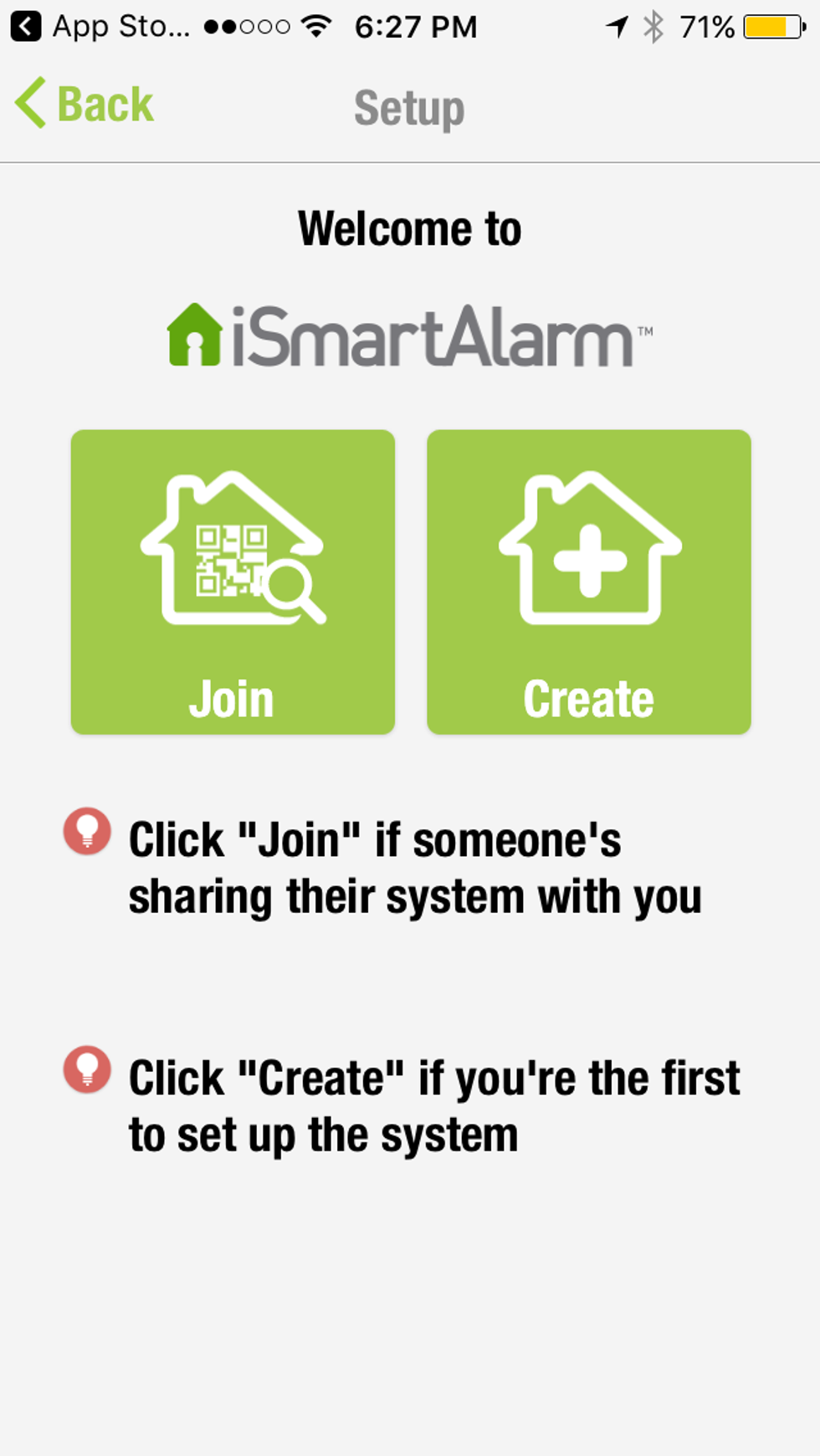 iSmartAlarm Welcome screen on their mobile app