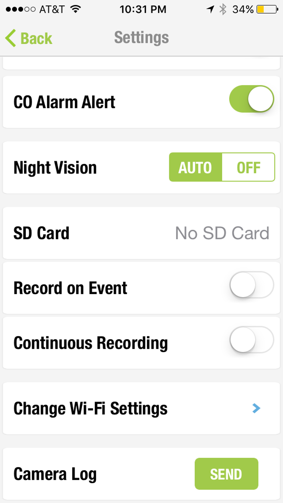 Screen shot of settings page in iSmartAlarm's app