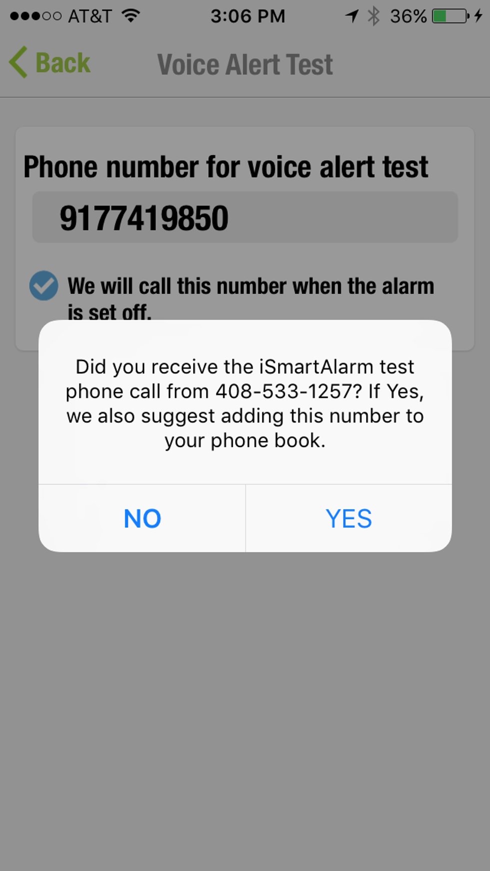 Screen shot of voice alert test page in iSmartAlarm's app