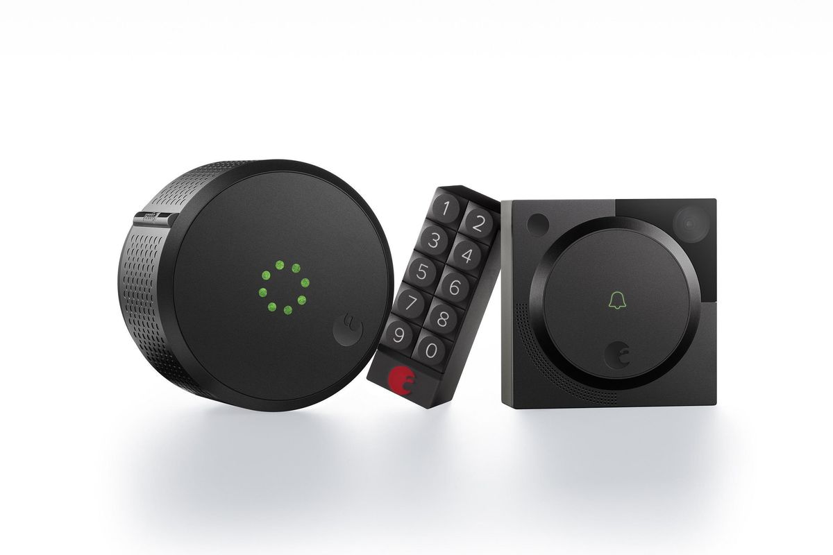 a product shot of August Smart lock, keypad, and video doorbell