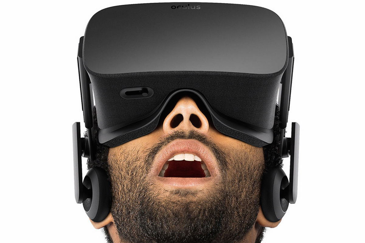 a photo of a man wearing VR headset looking up