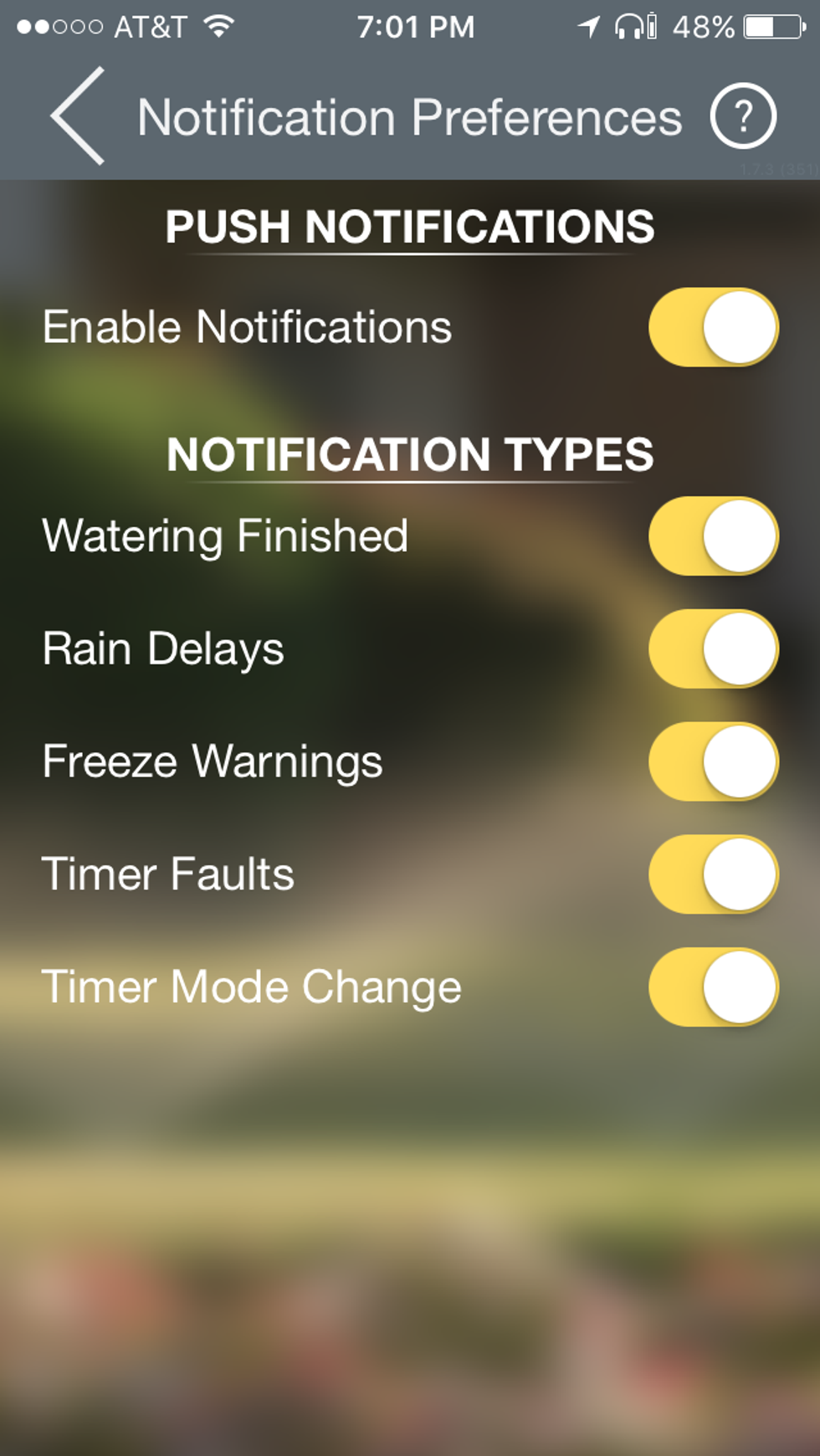 Push notifications screen in bhyve app