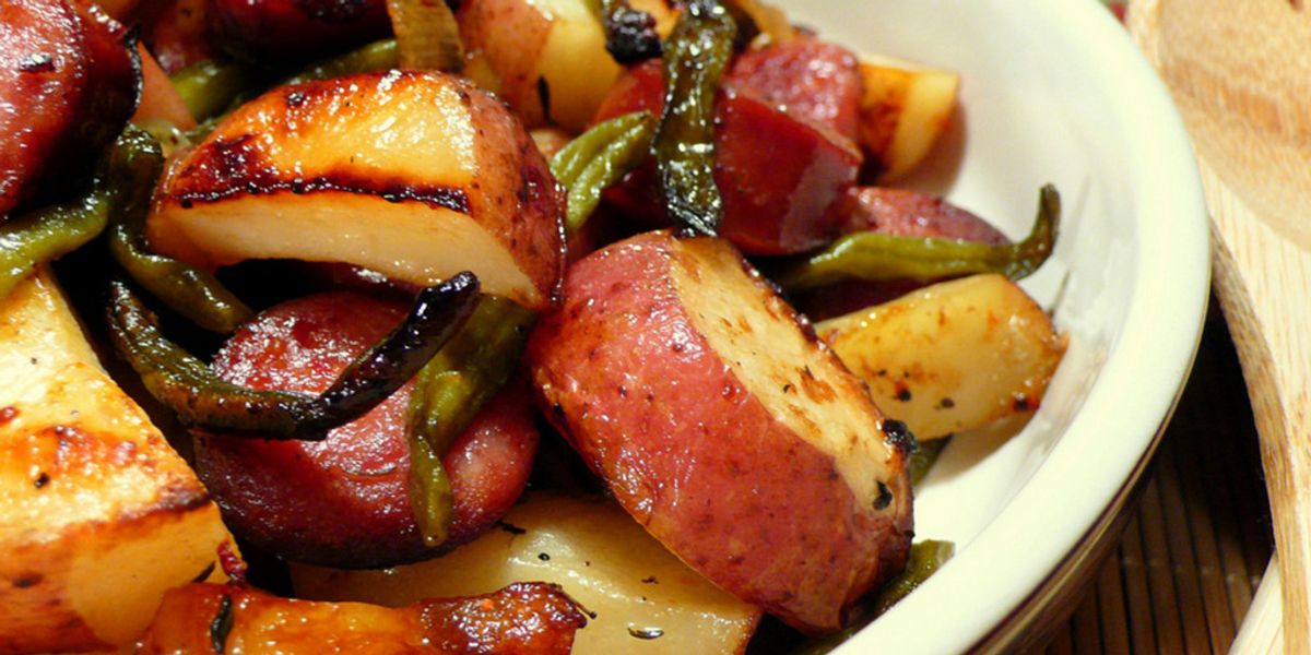 Roasted Potatoes with Smoked Sausage and Green Beans My