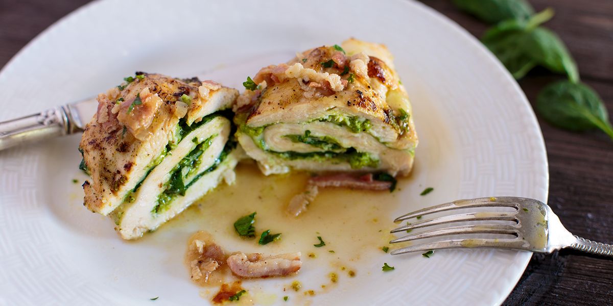 Havarti, Spinach, and PestoStuffed Chicken Breast with Pan Sauce My