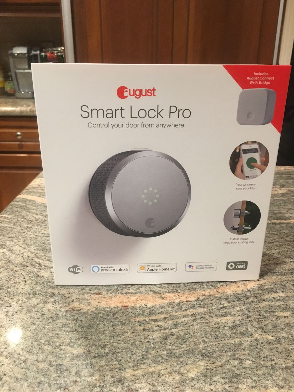 Picture of August Smart Lock Pro box on a kitchen counter.