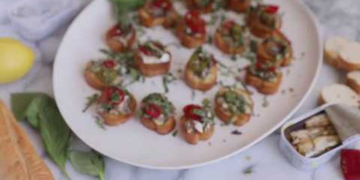 Canned Sardines Crostini with Sherry Pickled Chiles + Herbs