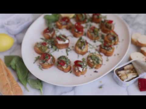 Canned Sardines Crostini with Sherry Pickled Chiles + Herbs