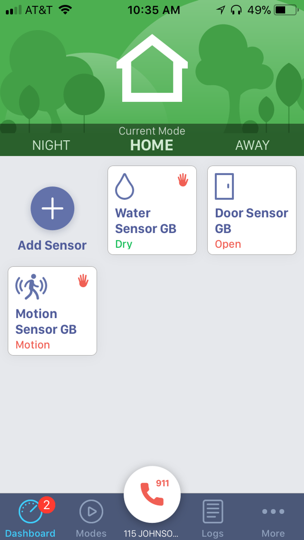 Ooma Home Security mobile app dashboard.