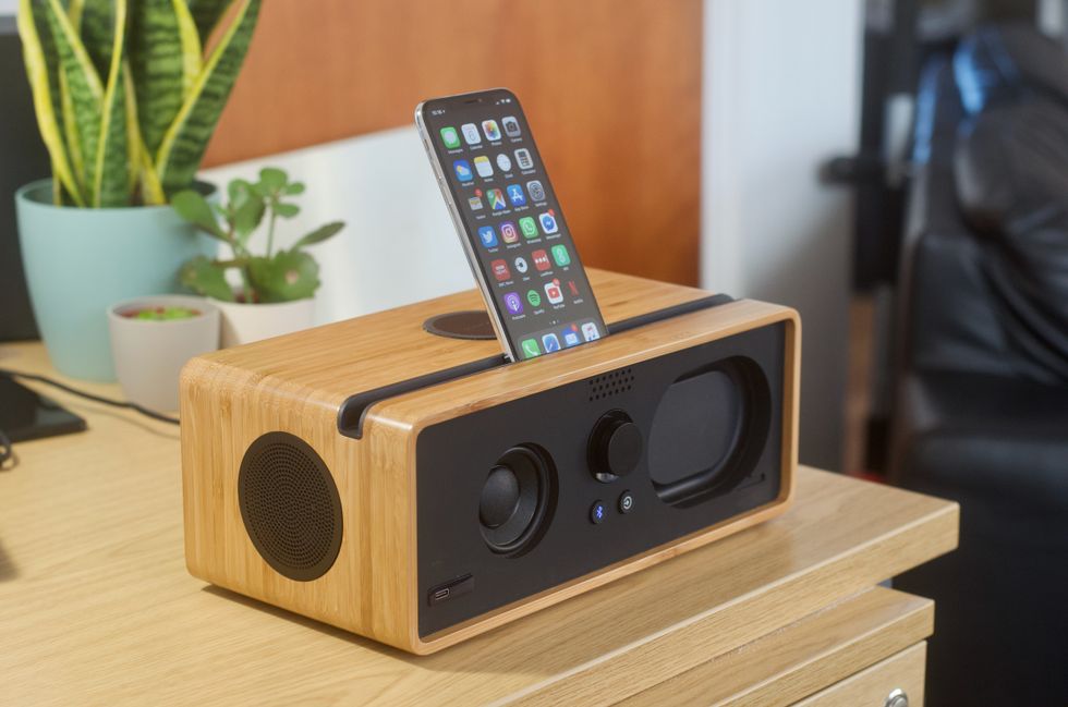 photo of smartphone on top of speaker