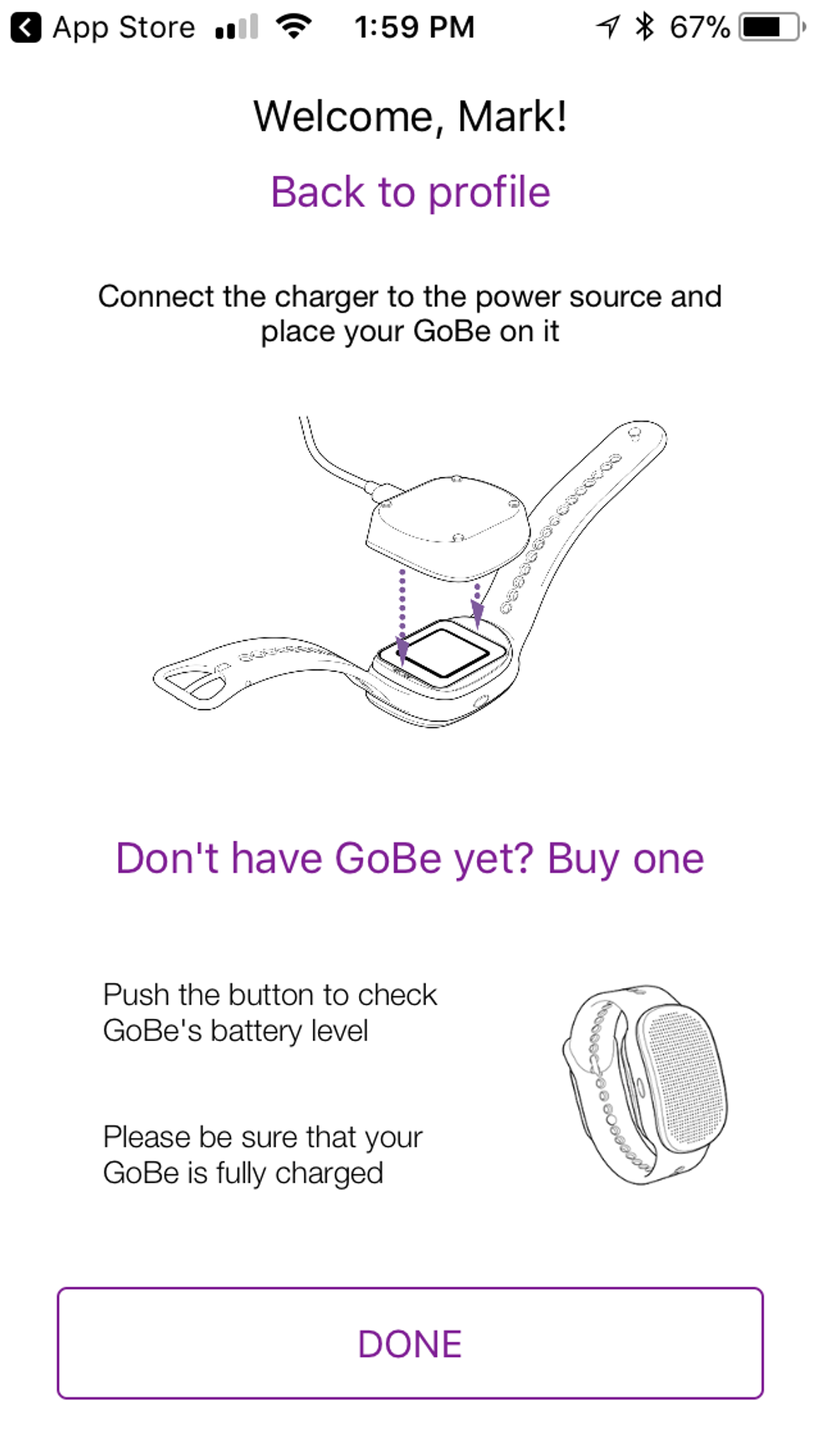 screenshot of GoBe app