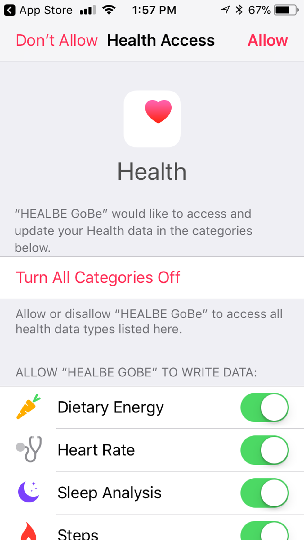 Screenshot of gobe3 app's health tracking features.