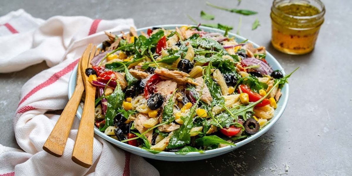 Healthy Tuna Pasta Salad Recipe (With Corn, Capers and Olives)