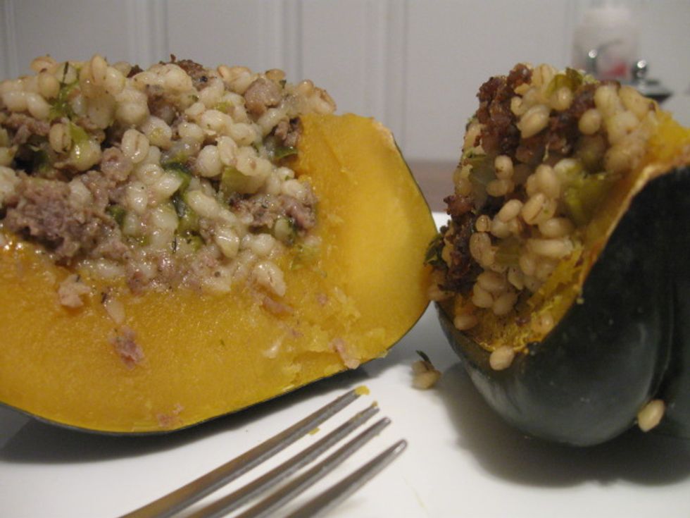 Stuffed Acorn Squash With Barley And Sausage And Pork Stock And Beer