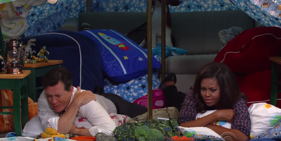 Who Wouldn't Want To Share A Blanket Fort With Michelle Obama And Stephen Colbert?