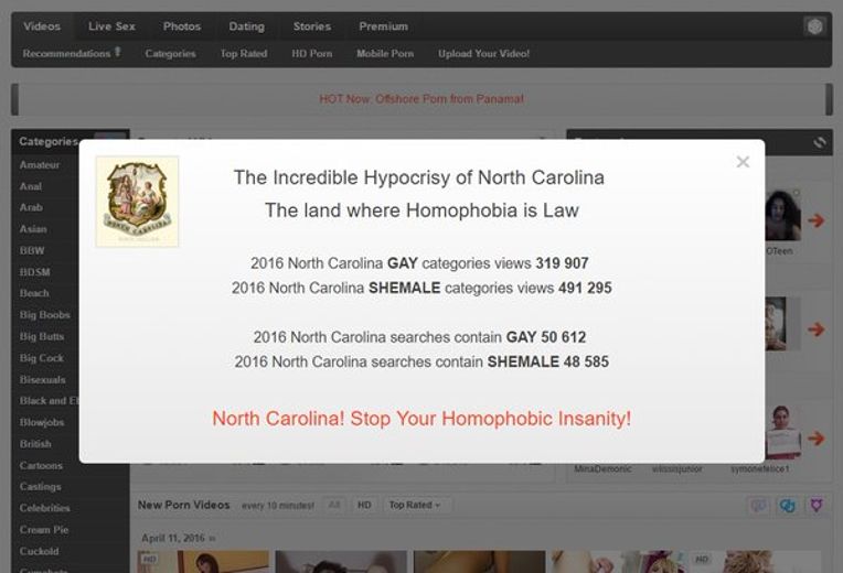 North Carolina Prepares For Jizz-Pocalypse After Being Cockblocked By Mean  Porn Site - Wonkette