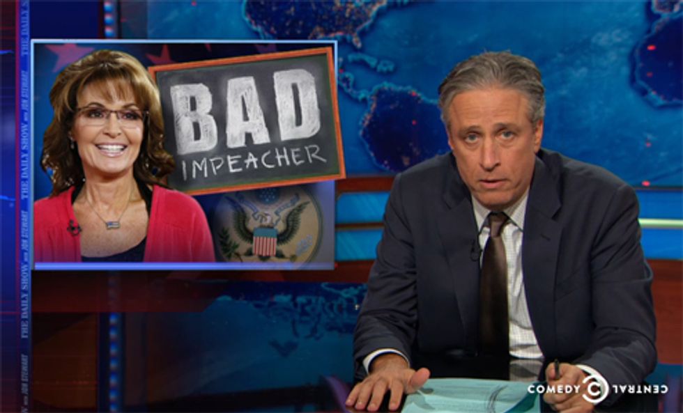 Jon Stewart Thinks Sarah Palin's 'Time To Impeach' Clock Is Off (Video)