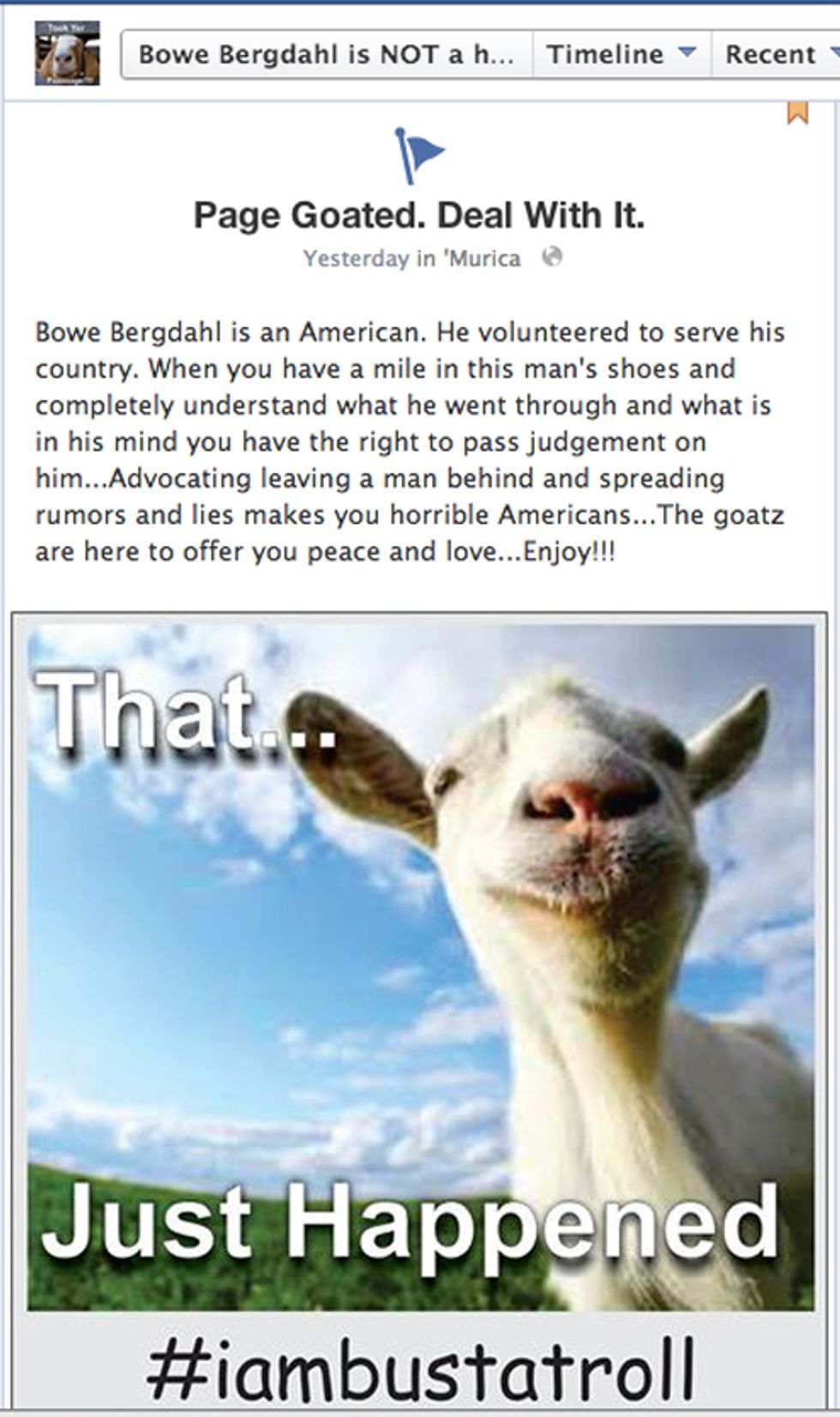 Stupid Rightwing Anti-Bowe Bergdahl Facebook Page Is Now All Full Of Goats