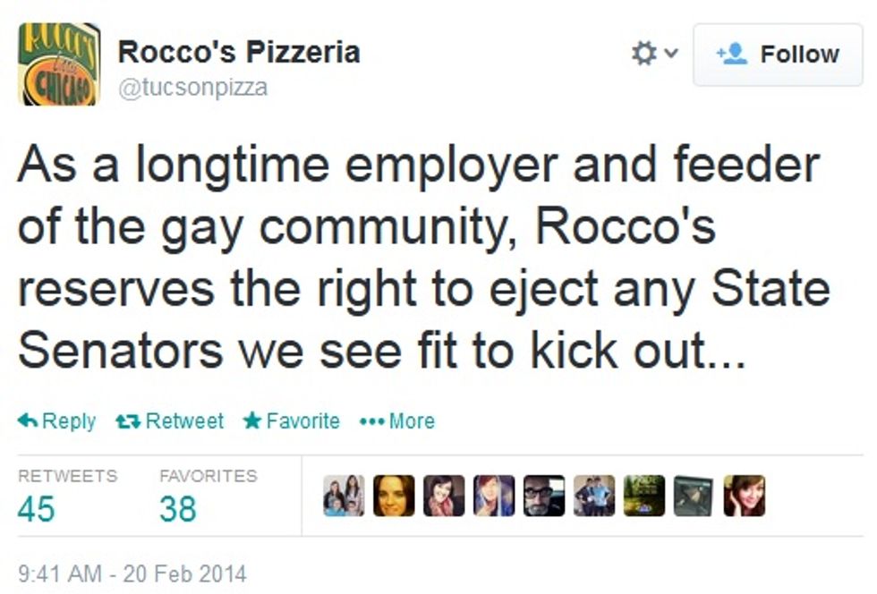 Tucson Pizzeria To Sponsors Of Arizona's Gay Discrimination Bill: No Pie For You!