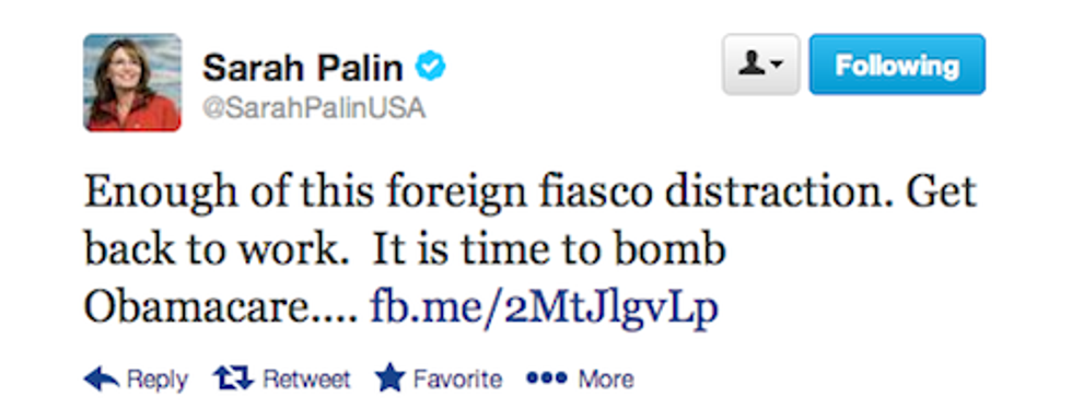 Sarah Palin Has Answer To Syria: 'Bomb Obamacare'