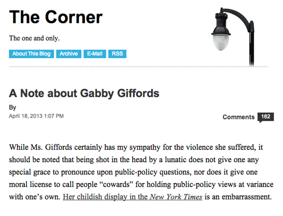Totally Brave Anonymous NRO Writer Does Not Care For Gabby Giffords Calling People 'Cowards'