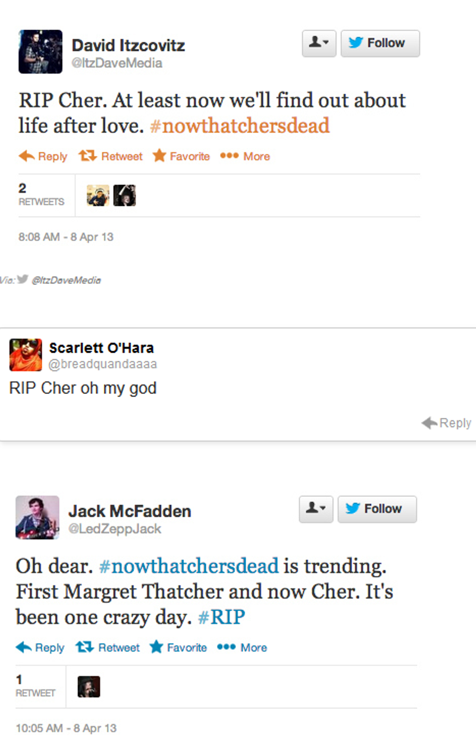Thatcher's Dead; Twitter Users Worried That Cher's Dead