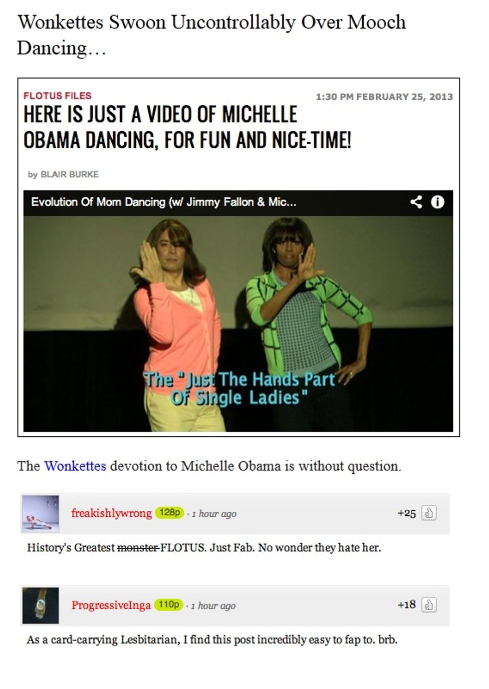 Wonkette Readers' Inexplicable Fondness For Michelle Obama Deemed 'Creepy,' Cultlike