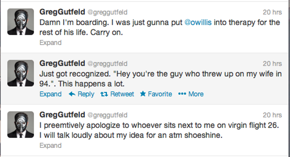 Fox's Greg Gutfeld Live Tweets His Own Cross-Country Nervous Breakdown