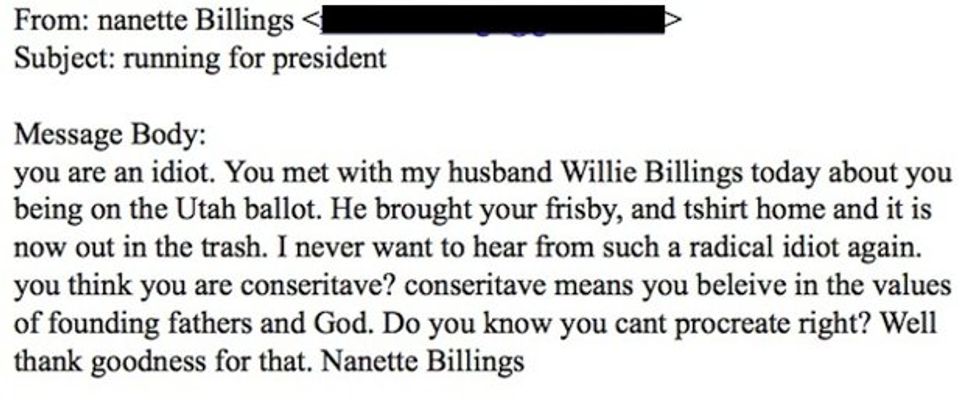 Nice Gay Republican Candidate Fred Karger Gets Loving Welcome From Utah GOP Chair's Illiterate Bigot Lady-Wife